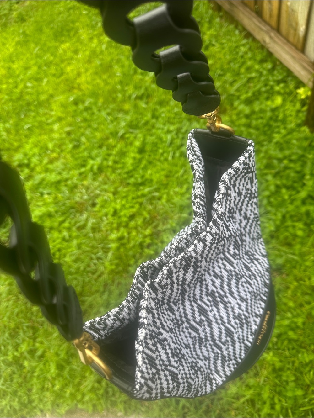Karl Lagerfeld Black & White Knit Bucket Bag with Chunky Chain Strap - Picture 14 of 14